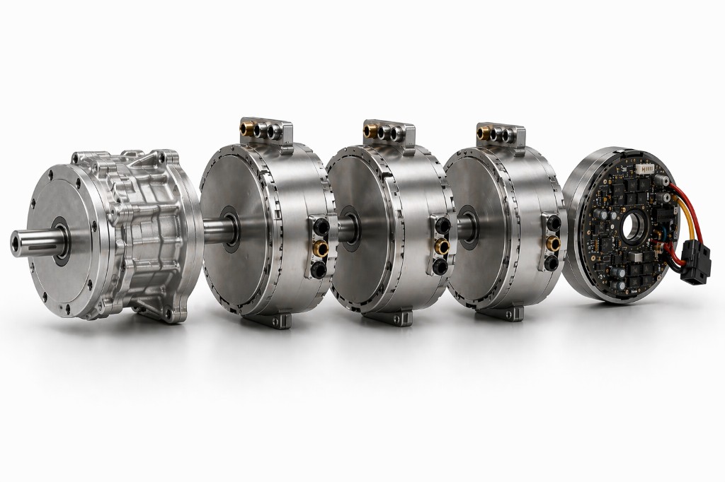 Exploded modular drive architecture with gearbox, stackable motors, and controller